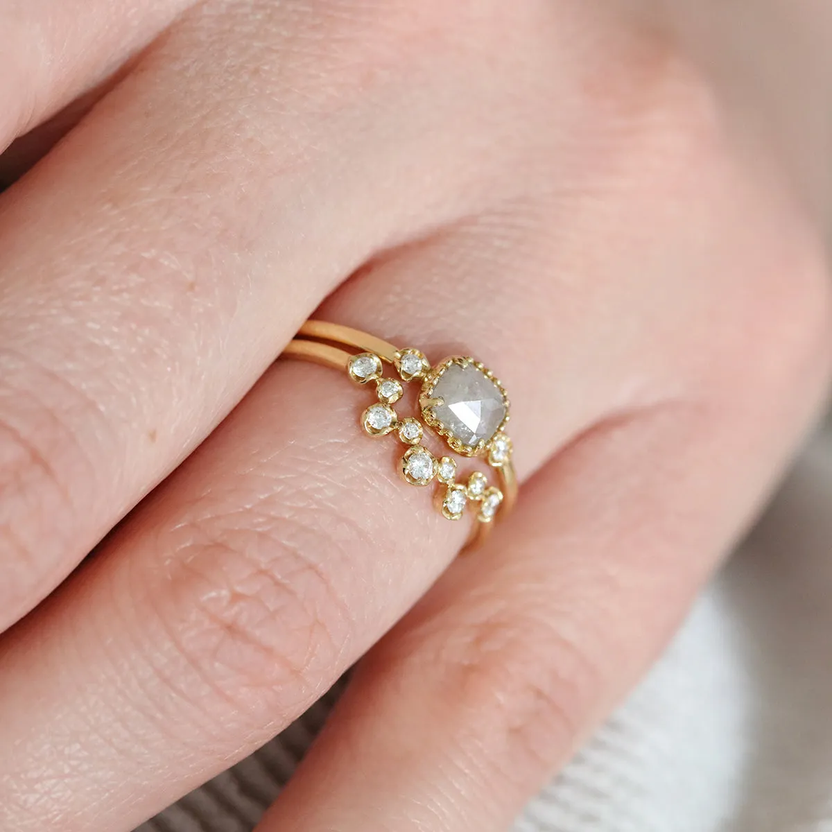 0.45ct Rose Cut Salt and Pepper Diamond Tiara Ring Set | 18K Yellow Gold