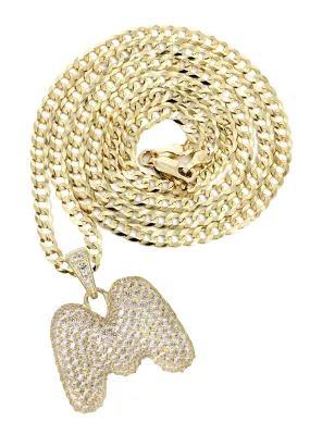 10K Yellow Gold Bubble Letter "M" CZ Necklace | Appx. 14.9 Grams