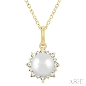1/10 ctw Petite Sun 6X6MM Pearl and Round Cut Diamond Fashion Pendant With Chain in 10K Yellow Gold