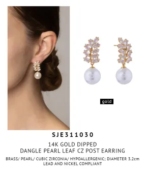 14K Gold Dipped Dangle Pearl Leaf CZ Post Earrings