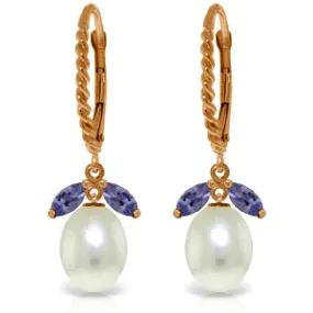14K Solid Rose Gold Leverback Earrings Tanzanites & Pearl