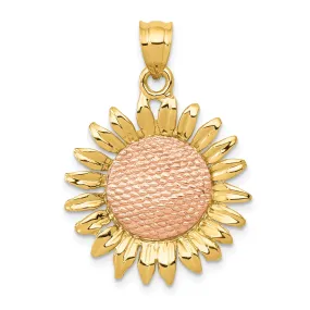 14k Two-tone Gold Casted Open Back Solid Textured Polished Finish Sunflower Charm Pendant