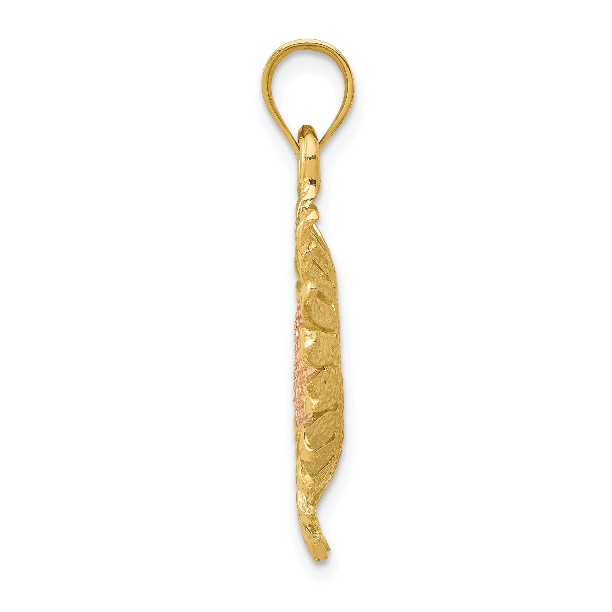 14k Two-tone Gold Casted Open Back Solid Textured Polished Finish Sunflower Charm Pendant