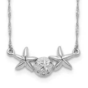14K White Gold Brushed, Polished Finish Sand Dollar, Starfish Pendant Design in a 17-inch Cable Chain Necklace Set