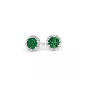 14k White Gold Plated 2 Ct Round Created Emerald Halo Stud Earrings