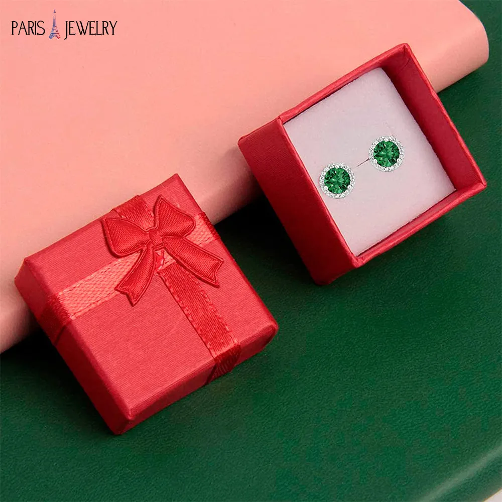 14k White Gold Plated 2 Ct Round Created Emerald Halo Stud Earrings