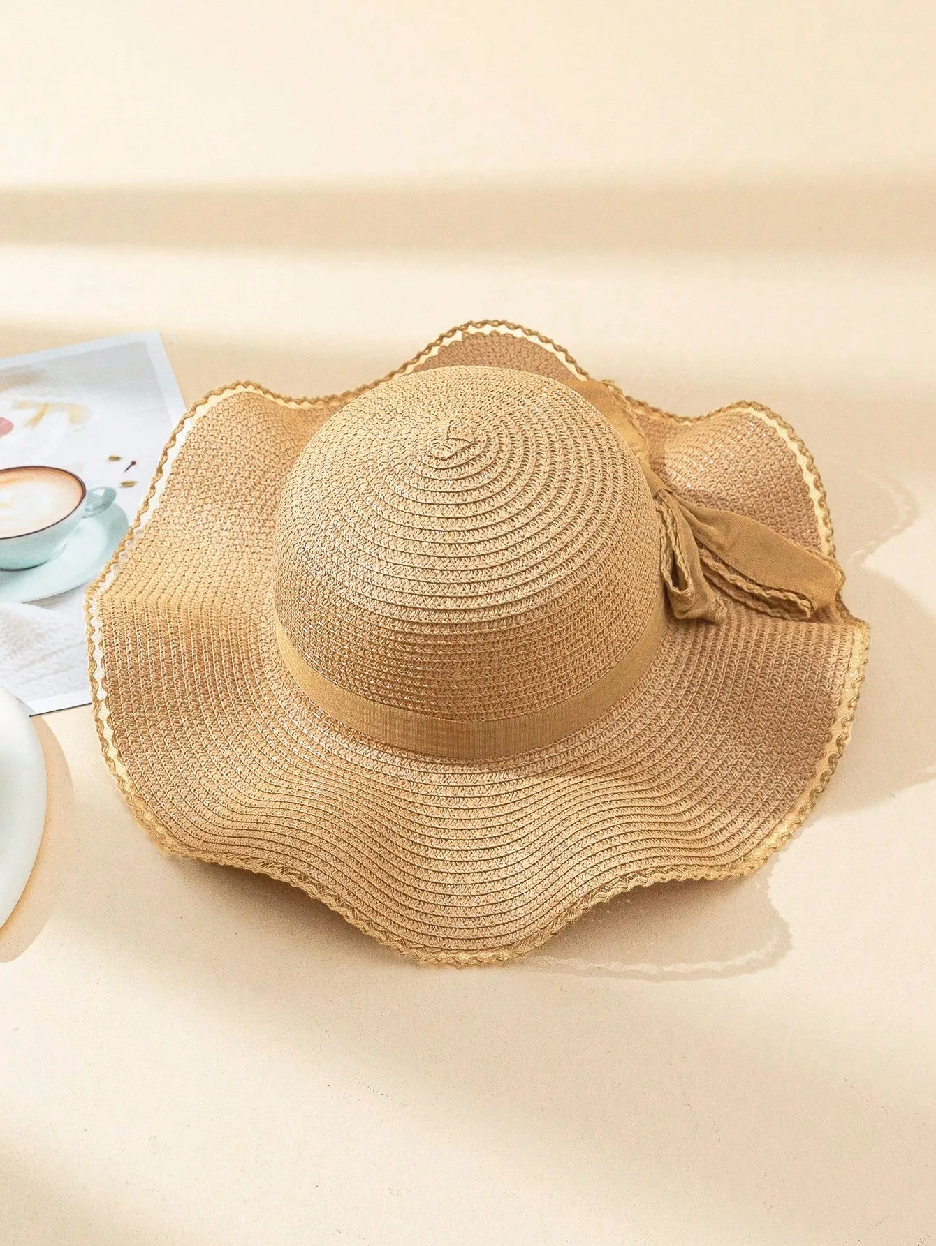 1pc Women's Solid Color Adhesive Patch Bowknot Tied Wavy Edge Wide Brim Sun Straw Hat, Perfect For Beach Vacation Photoshoots