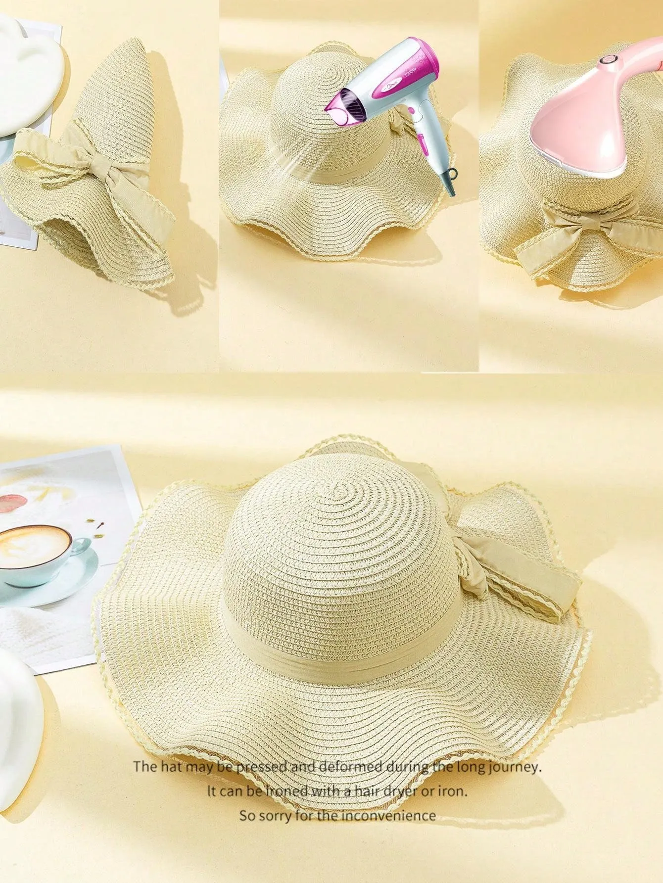 1pc Women's Solid Color Adhesive Patch Bowknot Tied Wavy Edge Wide Brim Sun Straw Hat, Perfect For Beach Vacation Photoshoots
