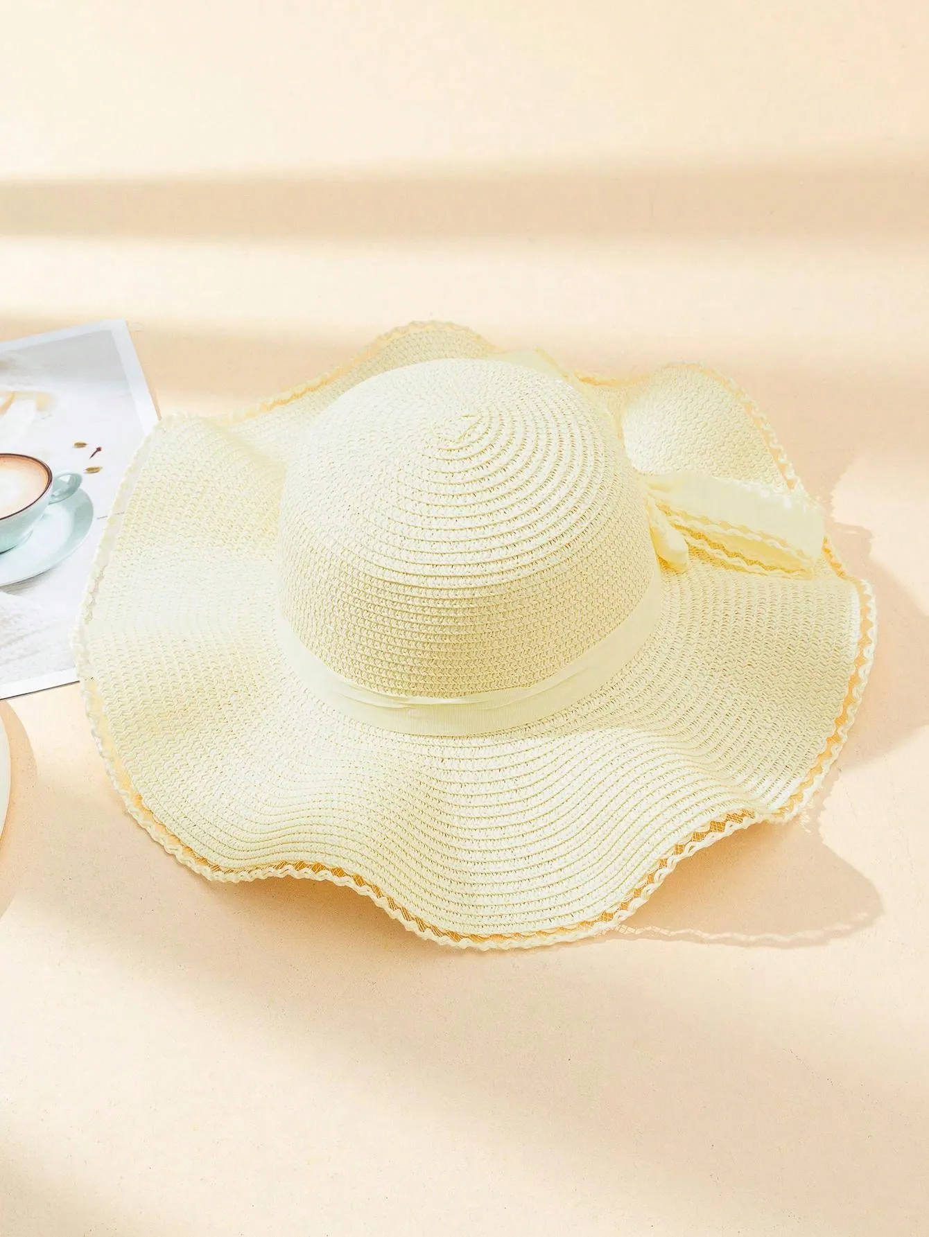 1pc Women's Solid Color Adhesive Patch Bowknot Tied Wavy Edge Wide Brim Sun Straw Hat, Perfect For Beach Vacation Photoshoots