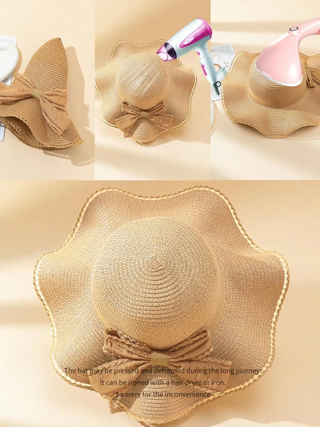 1pc Women's Solid Color Adhesive Patch Bowknot Tied Wavy Edge Wide Brim Sun Straw Hat, Perfect For Beach Vacation Photoshoots