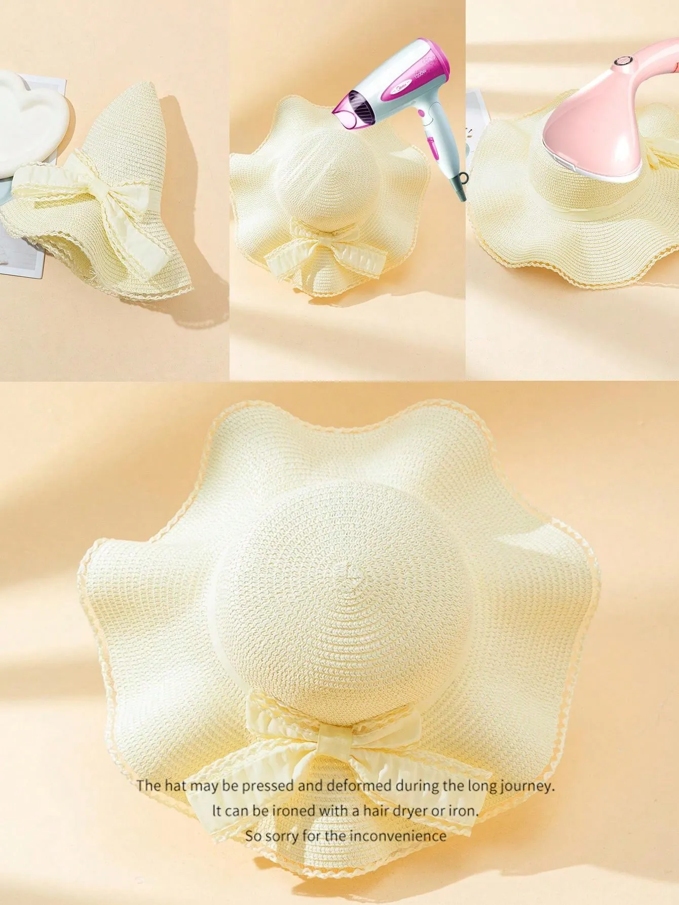 1pc Women's Solid Color Adhesive Patch Bowknot Tied Wavy Edge Wide Brim Sun Straw Hat, Perfect For Beach Vacation Photoshoots
