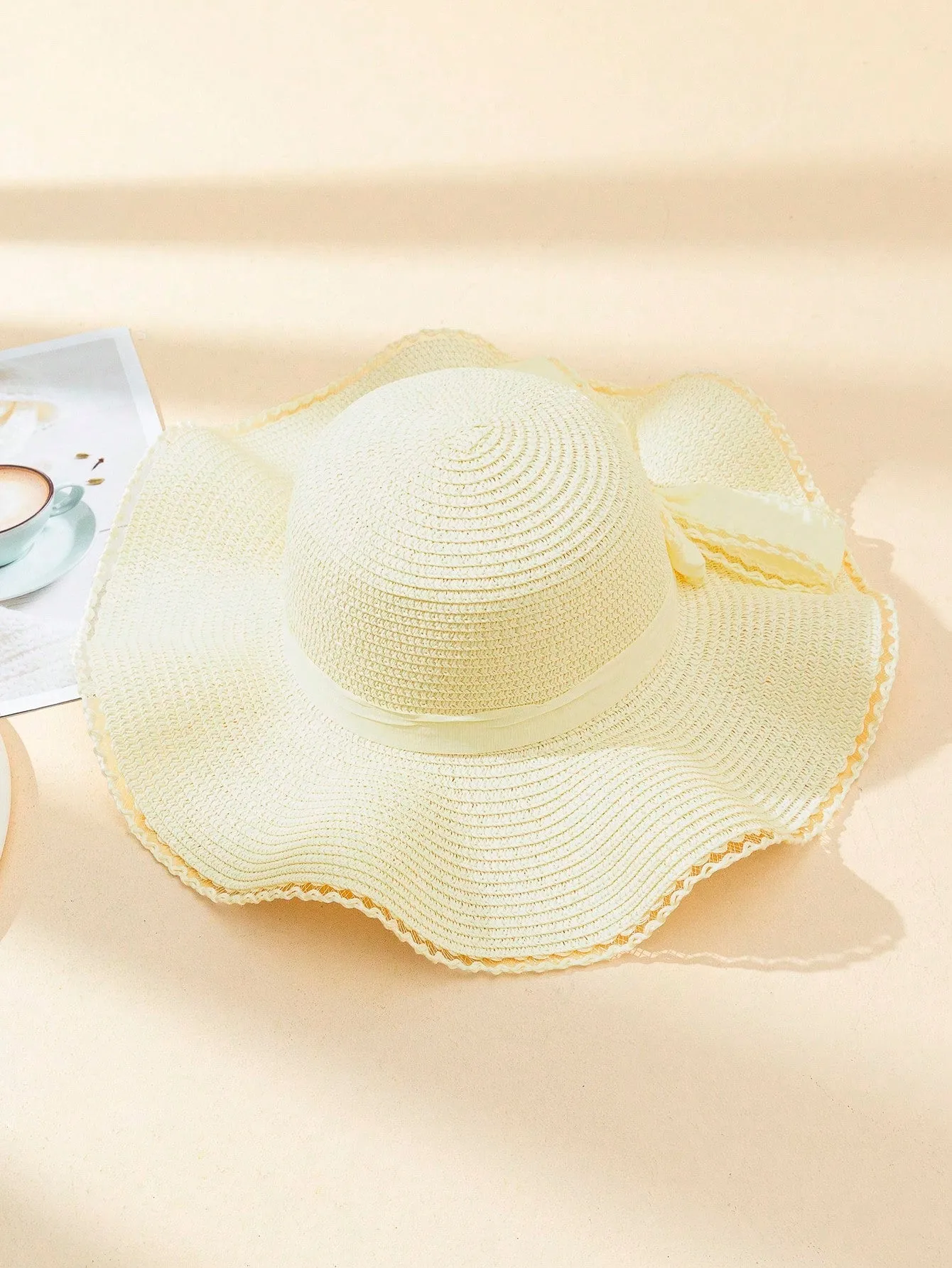 1pc Women's Solid Color Adhesive Patch Bowknot Tied Wavy Edge Wide Brim Sun Straw Hat, Perfect For Beach Vacation Photoshoots