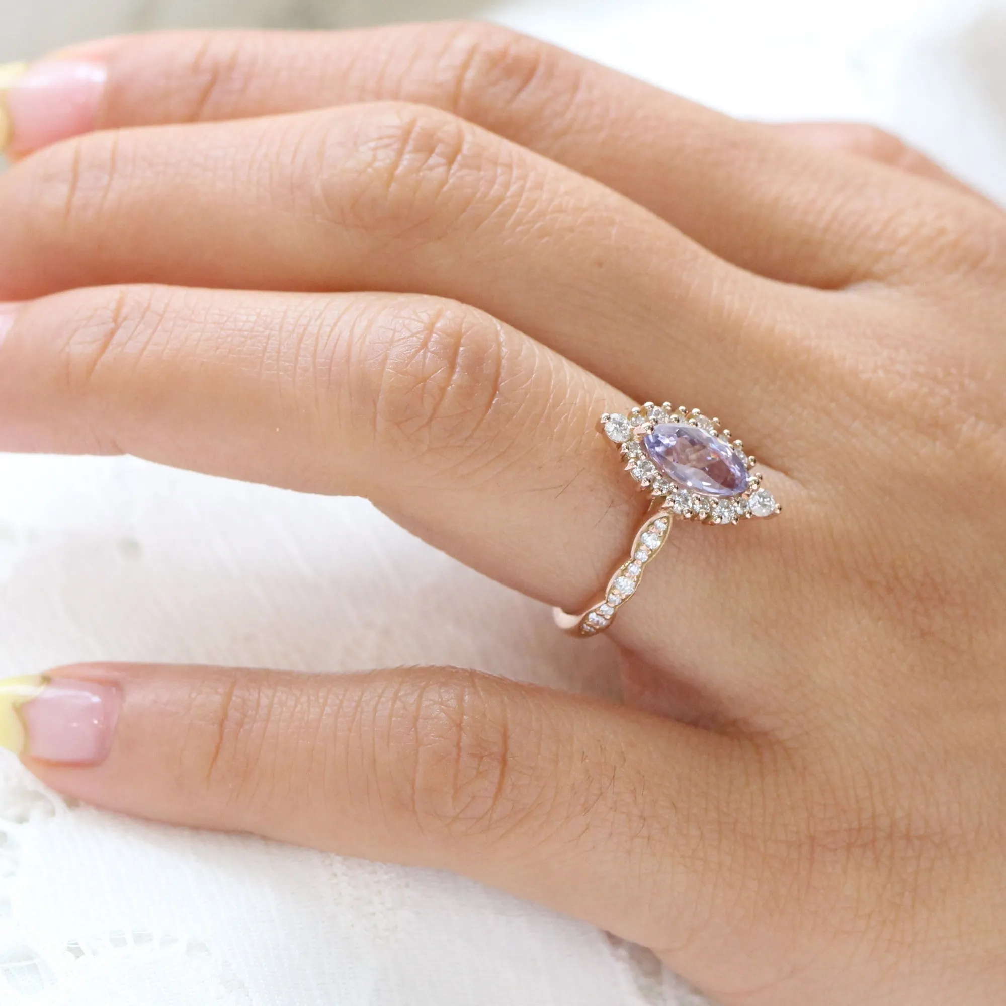 2.32 Ct Rare Marquise Lavender Sapphire Ring in 14k Rose Gold Tiara Halo Diamond, Size 6.25