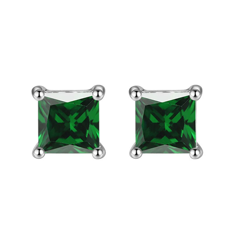 24k White Gold Plated 2 Cttw Emerald Square Stud Earrings