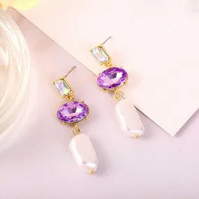 3 Stone Purple Oval Cut Rhinestone Faux Pearl Dangle Earrings