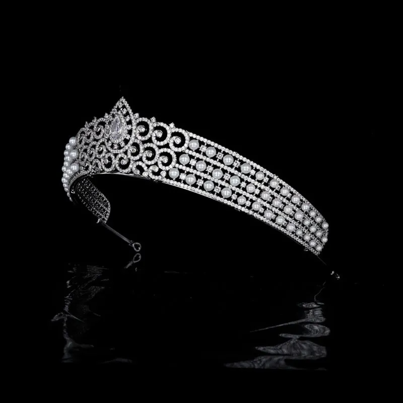5A Cubic Zirconia Princess Tiara,Pearls Tiaras for Bridal, Headpieces Accessories HT20392