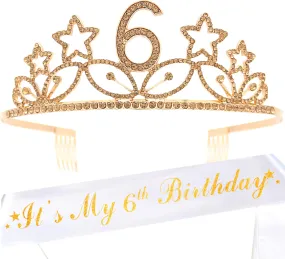 6th Birthday Gifts for Girl, 6th Birthday Tiara and Sash Gold, HAPPY 6th Birthday Party