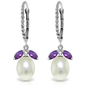 9 Carat 14K Solid White Gold Leverback Earrings Amethyst Pearl