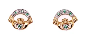9ct Yellow & White Gold Claddagh Emerald Cz Earrings