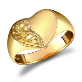 9ct Yellow Gold Heart Shaped Half Plain & Half Engraved Signet Ring 2.7g