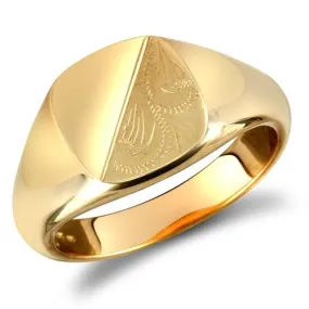 9ct Yellow Gold Square Shaped Half Plain & Half Engraved Signet Ring 6.2g