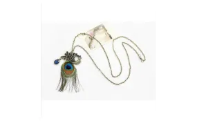 Alloy Bronze Peacock Feather With Water Drop Crystal Pendant Necklace