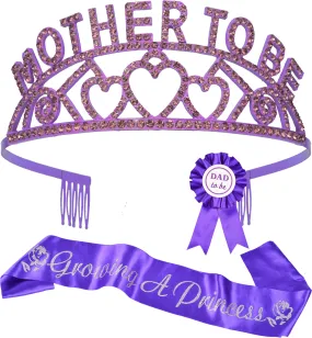 Baby Shower Decorations for Girl, Mommy To Be Tiara Crown Purple, Growing A Princess Sash