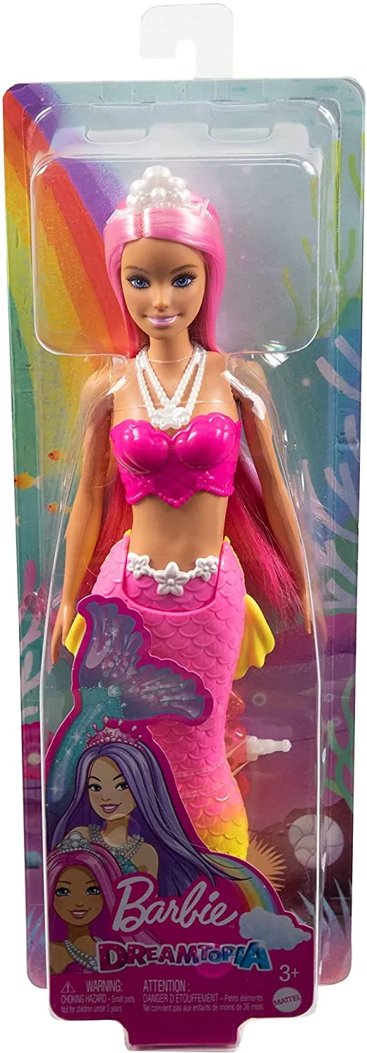 Barbie Dreamtopia Mermaid Doll (Pink Hair) with Pink & Yellow Ombre Mermaid Tail and Tiara, Toy for Kids Ages 3 Yrs & Up