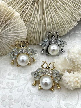 Bee Pearl Charm Pendant CZ Micro Pave, French Bee Charm, CZ and Pearl Bee, Bee Charm, Pearl CZ Bee Pendant, 3 Finishes Fast Ship