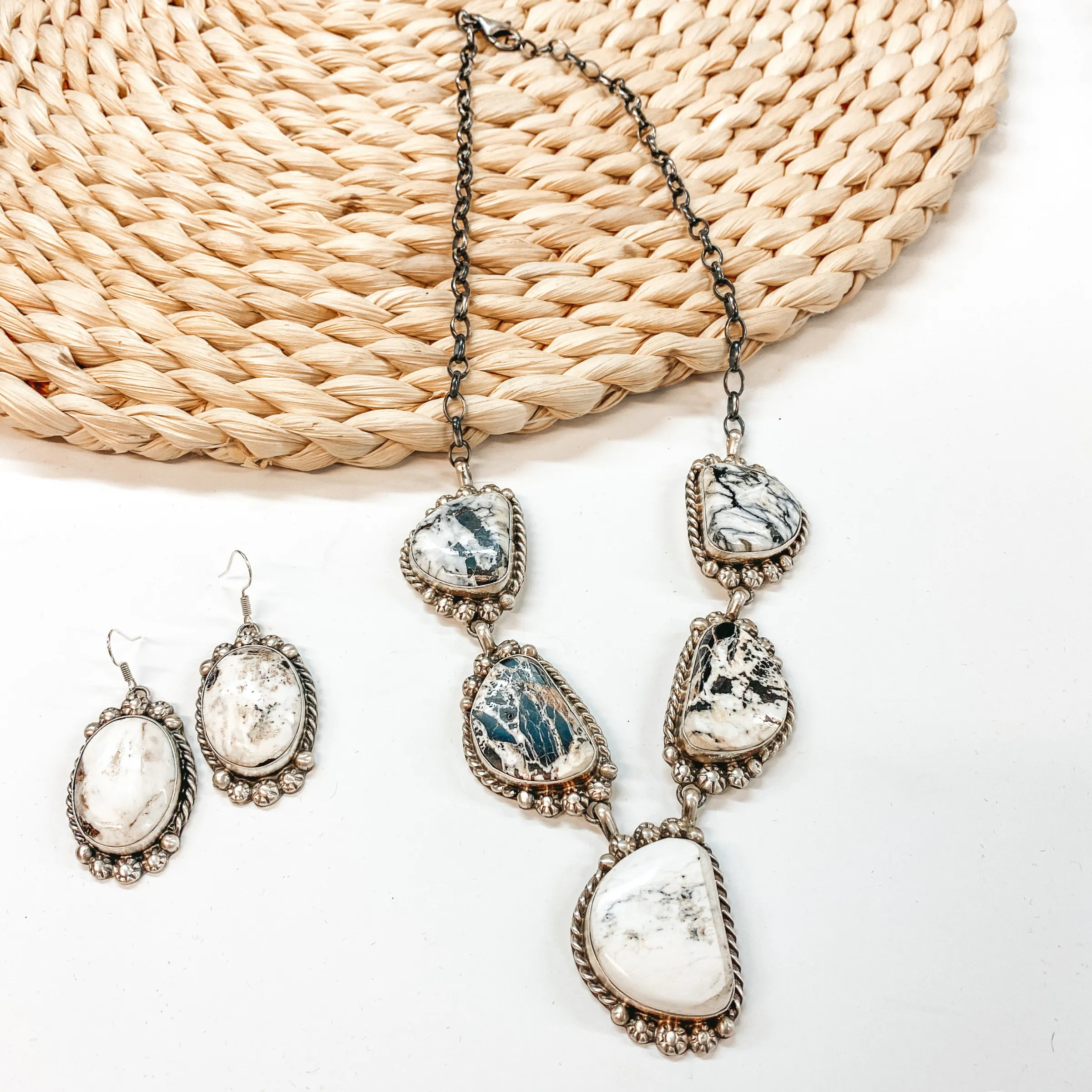 Betta Lee | Navajo Handmade Sterling Silver & White Buffalo Lariat Necklace   Matching Earrings