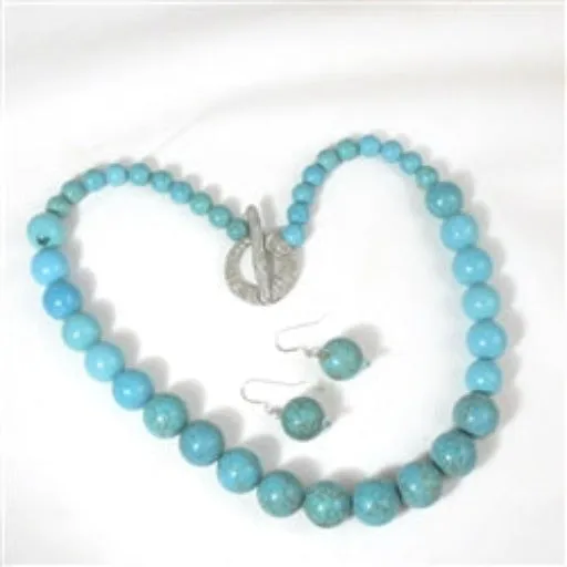 Classic Magnesite  Dyed Turquoise Necklace Extra long & Earrings
