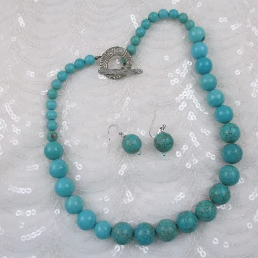 Classic Magnesite  Dyed Turquoise Necklace Extra long & Earrings