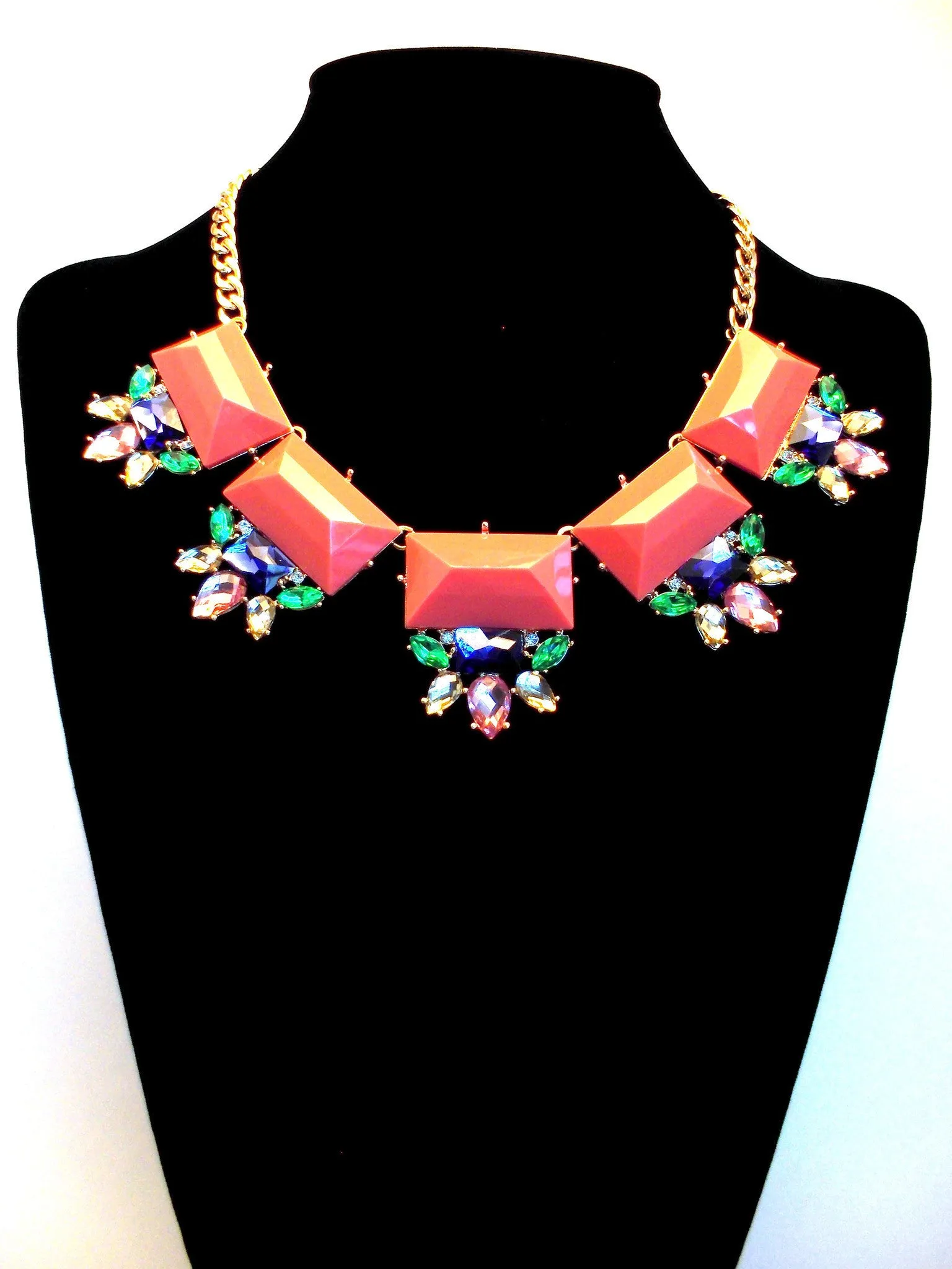 Colorful Jeweled Gemstone Statement Necklace- Coral Pink