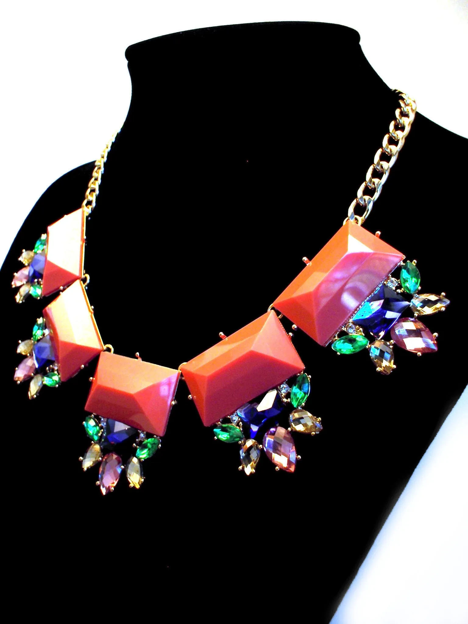 Colorful Jeweled Gemstone Statement Necklace- Coral Pink