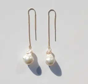 Comet Thread Earrings with Large White Freshwater Fireball Pearls
