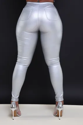 Coming In Hot High Rise Metallic Skinny Pants - Silver