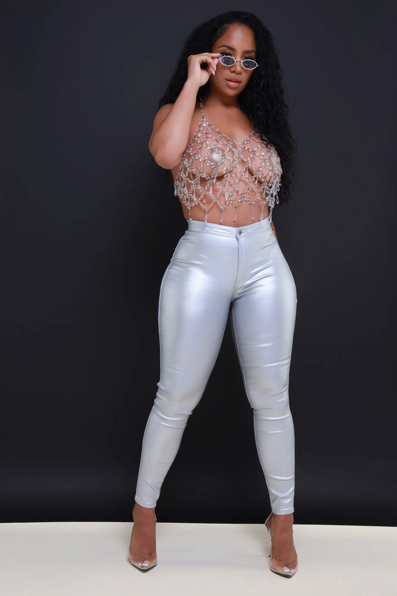Coming In Hot High Rise Metallic Skinny Pants - Silver