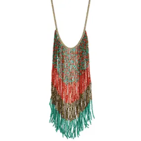Coral, Bronze, Teal Beaded Long Fringe Necklace