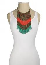 Coral, Bronze, Teal Beaded Long Fringe Necklace