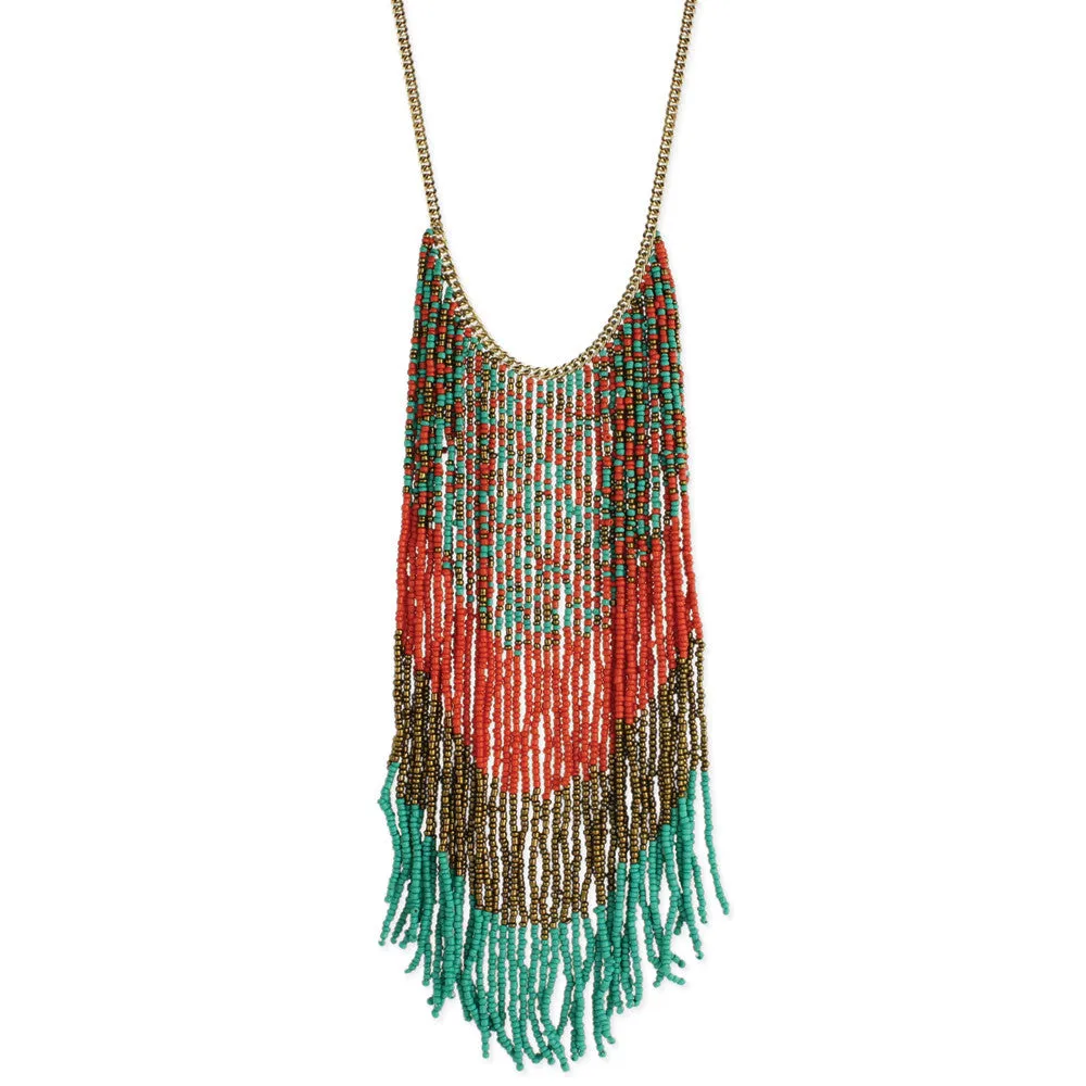 Coral, Bronze, Teal Beaded Long Fringe Necklace