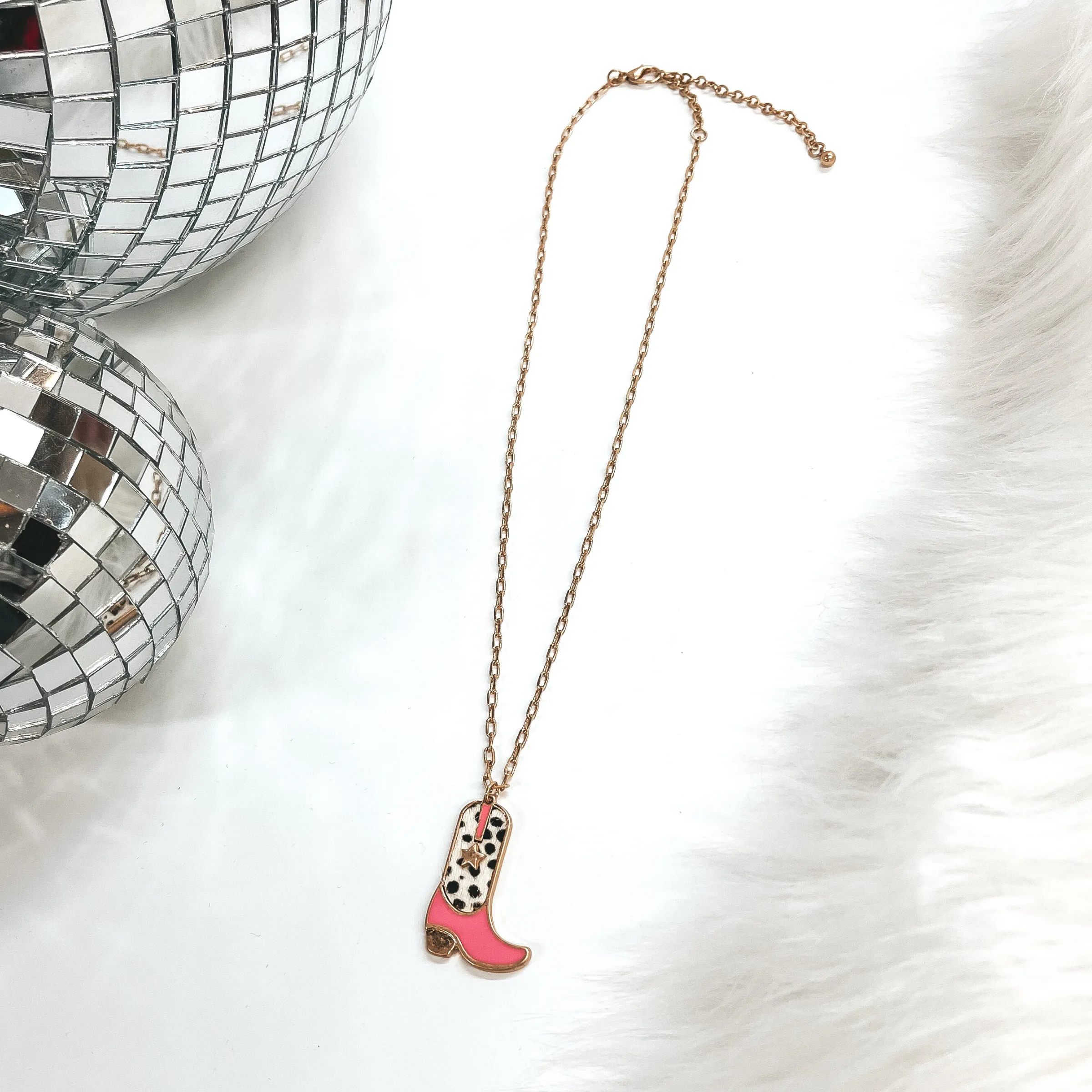 Cowgirl Dreams Gold Necklace with Boot Pendant in Pink and Faux Hide Dotted Print