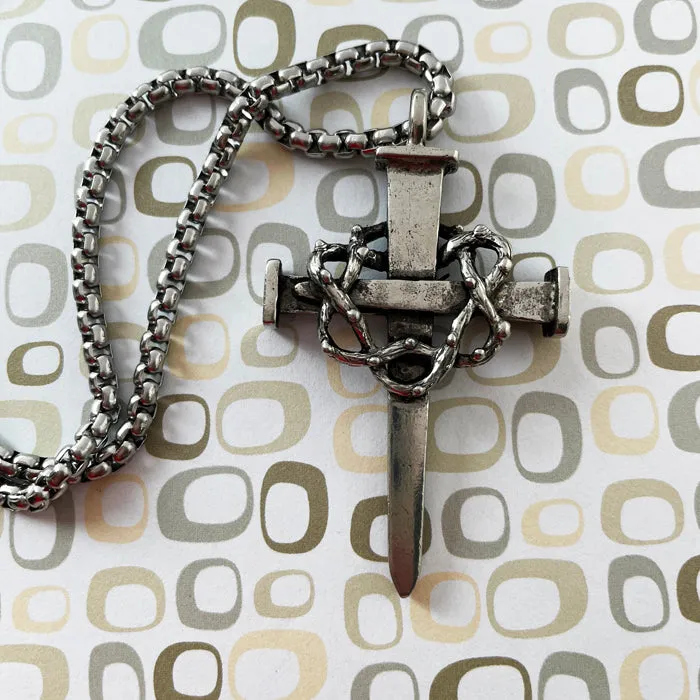 Crown Of Thorns Nail Cross Large Pendant Antique Silver Metal Finish Heavy Chain Necklace