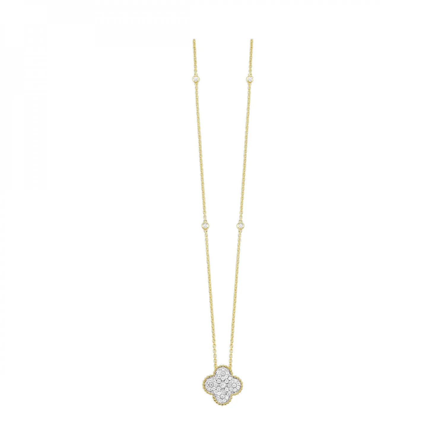 Delicate Yellow Gold Diamond Clover Pendant with Bezel Set Accents, 0.37 cttw