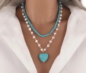 Double-Strand Turquoise and Pearl Silver Pendant Necklace 17”-20”