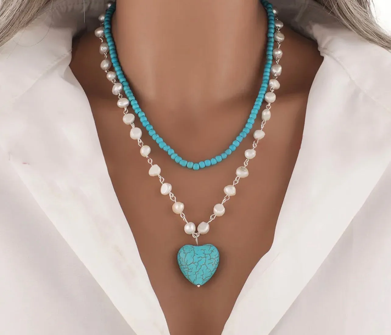 Double-Strand Turquoise and Pearl Silver Pendant Necklace 17”-20”