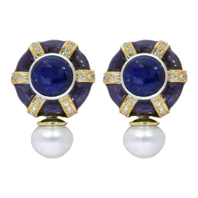 Earrings- Lapis Lazuli, Sea South Pearl and Diamond (Enamel)  (40HM)