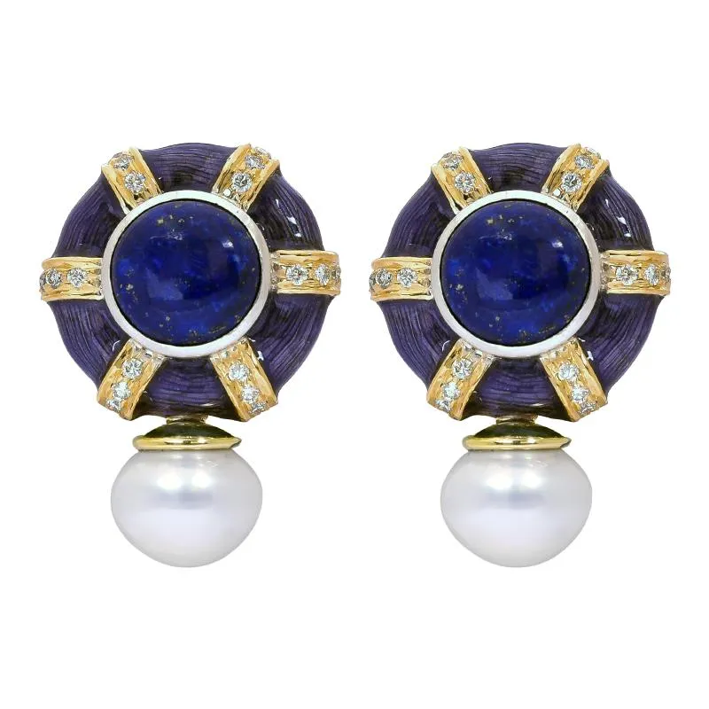 Earrings- Lapis Lazuli, Sea South Pearl and Diamond (Enamel)  (40HM)