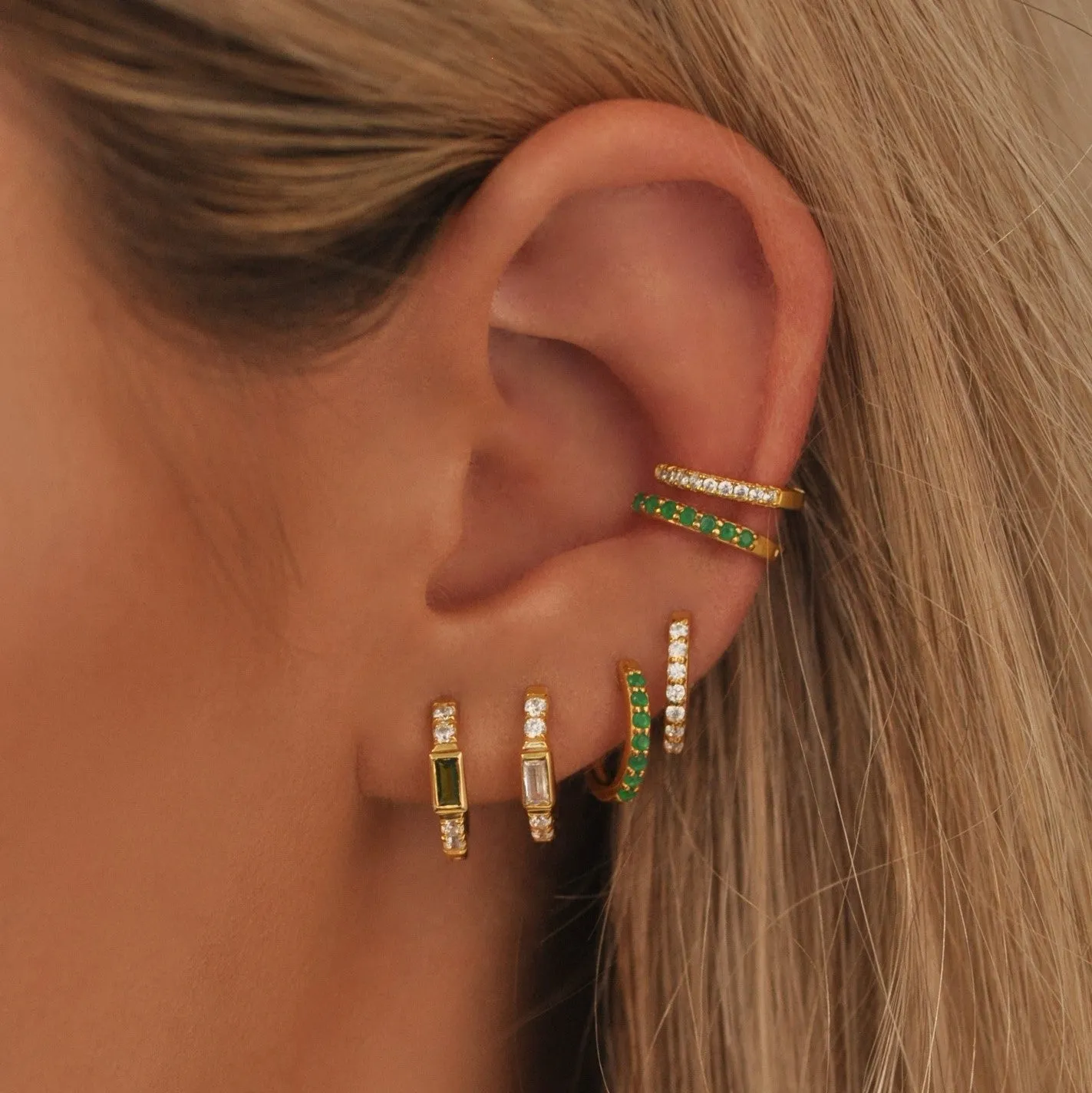 Emerald Baguette Huggie Hoops