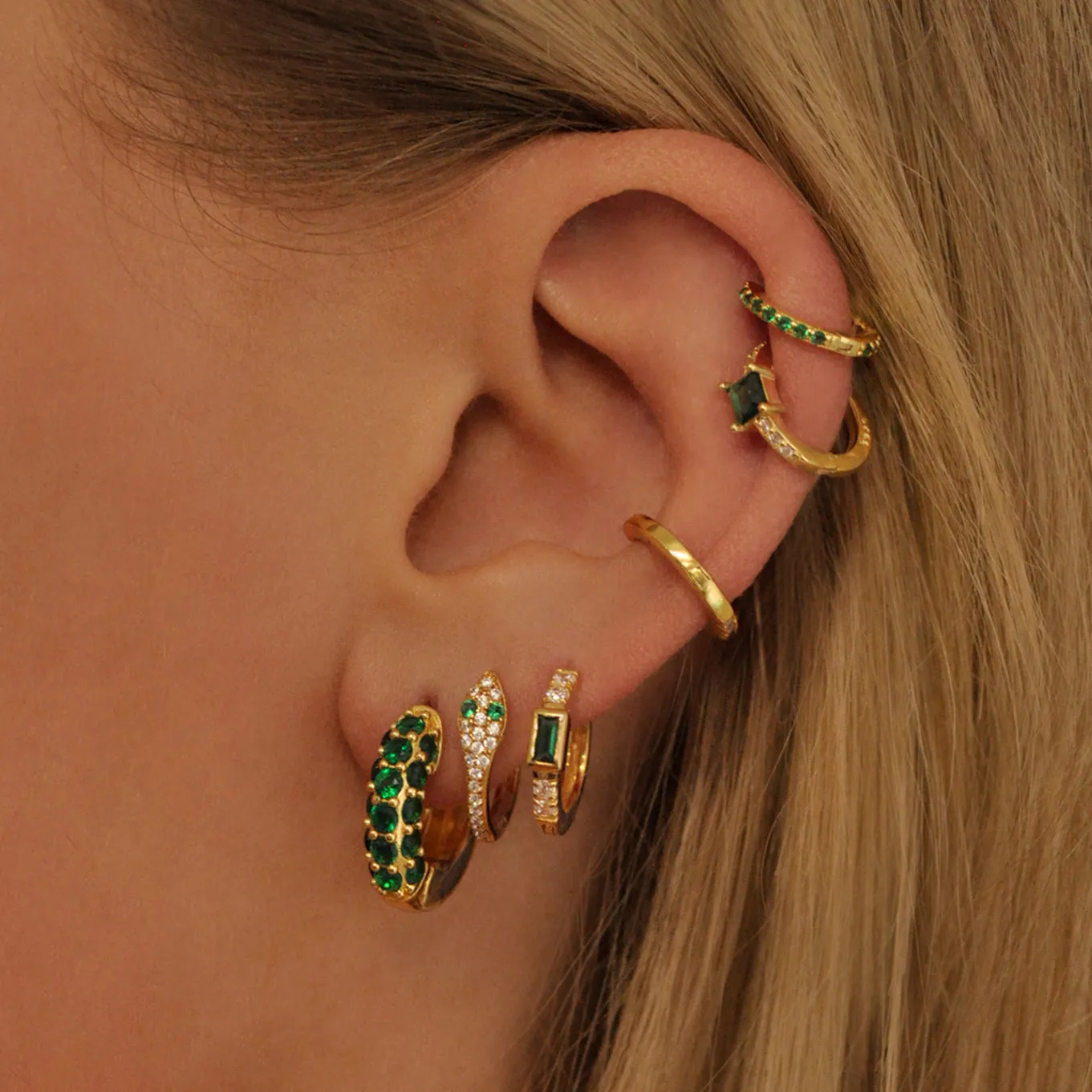 Emerald Baguette Huggie Hoops