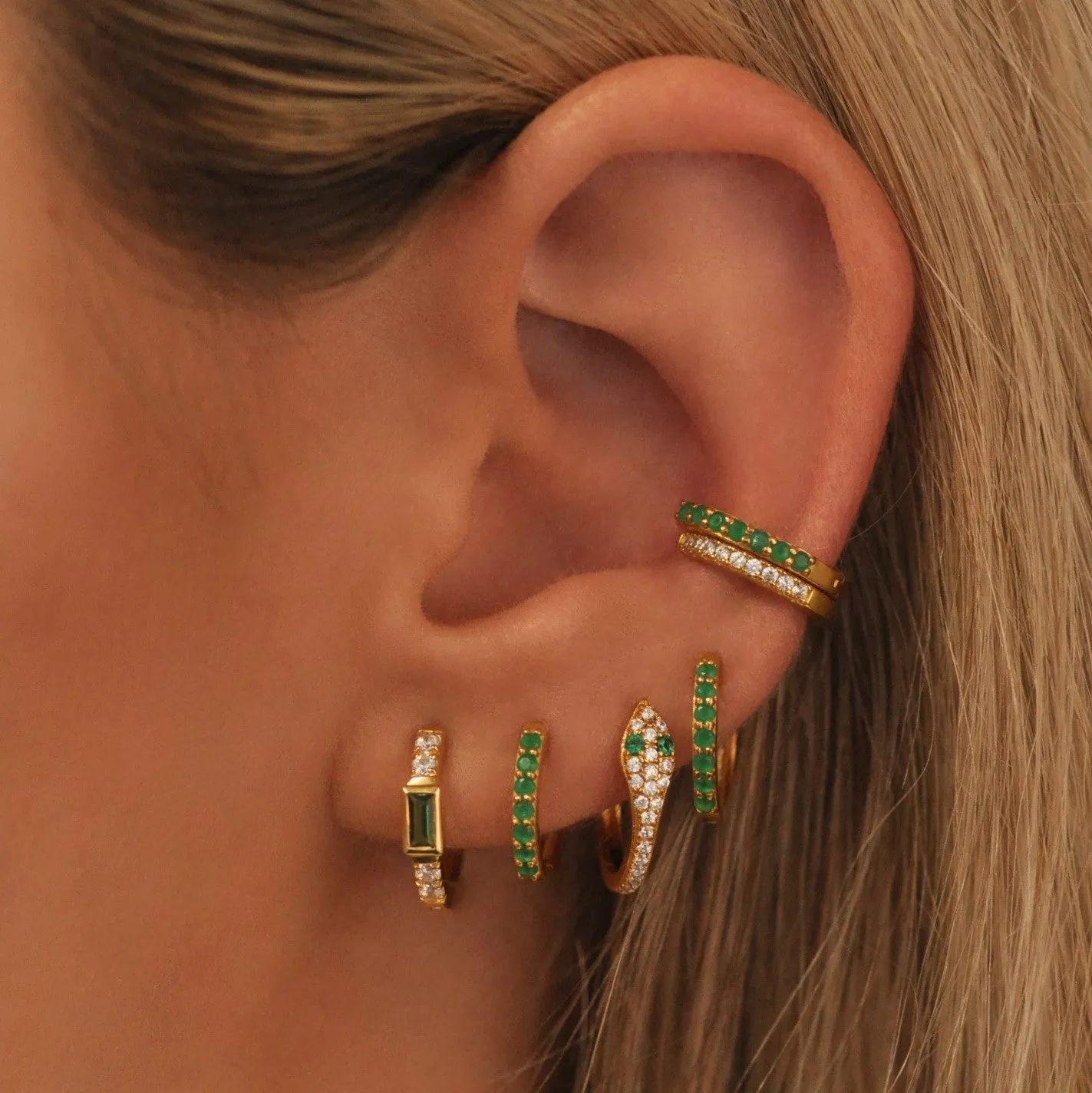 Emerald Baguette Huggie Hoops